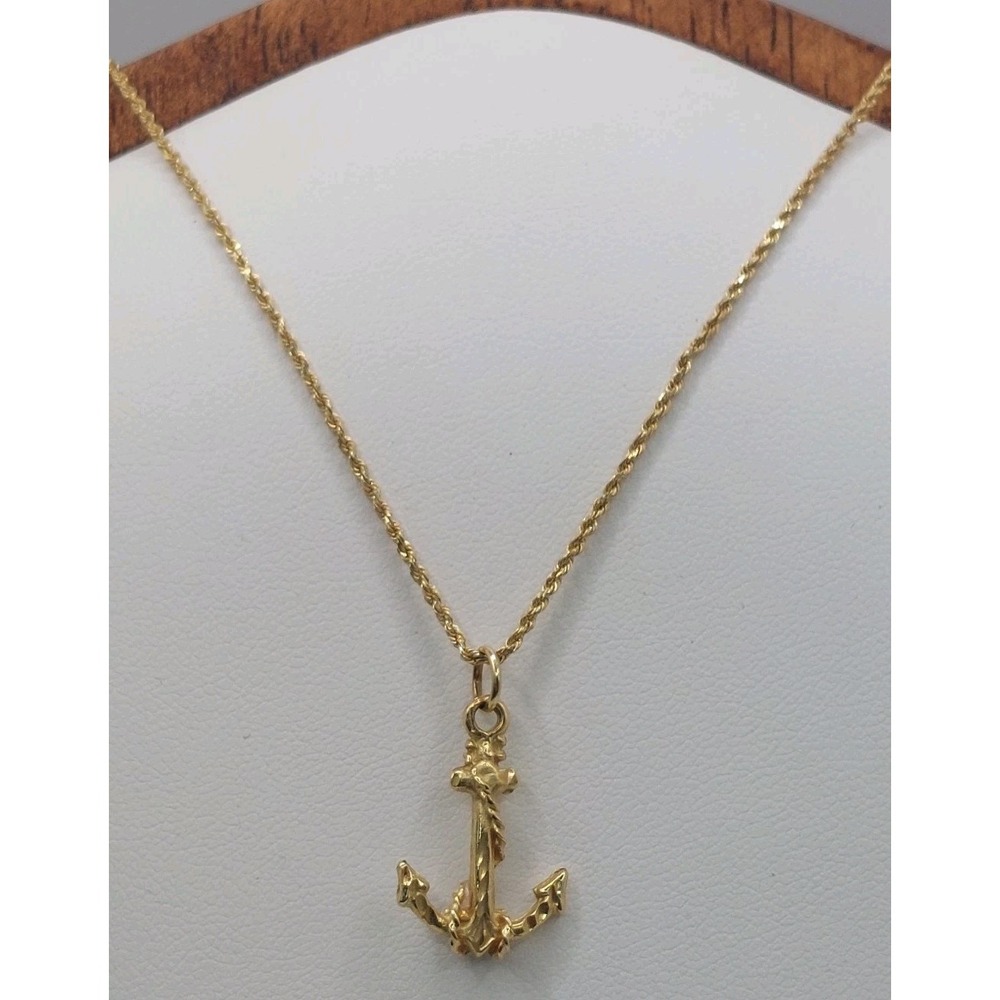 14K Gold Anchor Necklace Nautical Rope Chain Maritime Pendant 20" Vintage 4.4 g - Picture 7 of 16